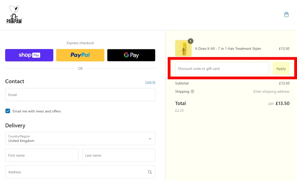 Screenshot showing where to apply a DrPawPaw promo code during checkout on www.drpawpaw.com.