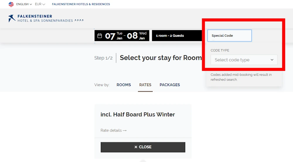 Screenshot showing where to apply a falkensteiner hotels promo code during checkout on www.falkensteiner.com.