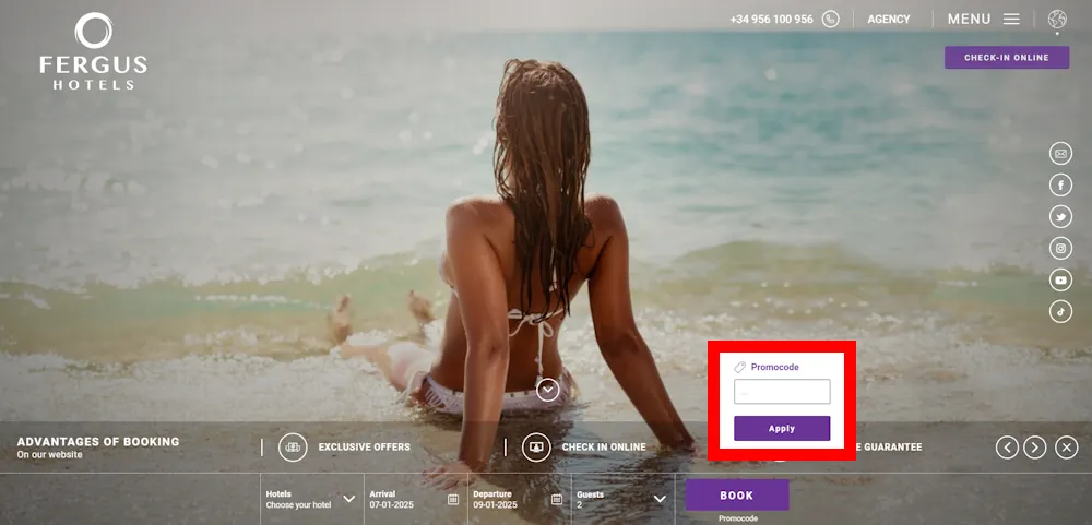 Screenshot showing where to apply a FERGUS Hotels promo code during checkout on www.fergushotels.com.
