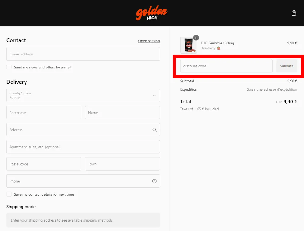 Screenshot showing where to apply a Golden High promo code during checkout on golden-high.com.