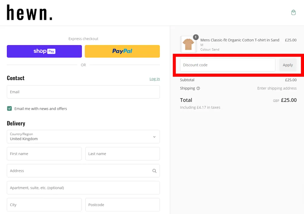 Screenshot showing where to apply a hewn promo code during checkout on hewnclo.com.
