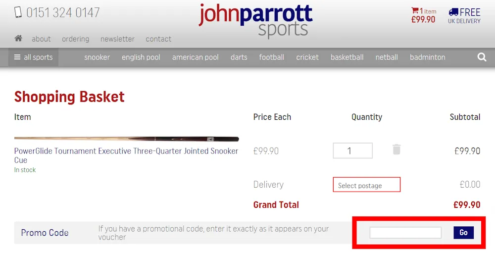Screenshot showing where to apply a John Parrott Sports promo code during checkout on www.johnparrottsports.com.