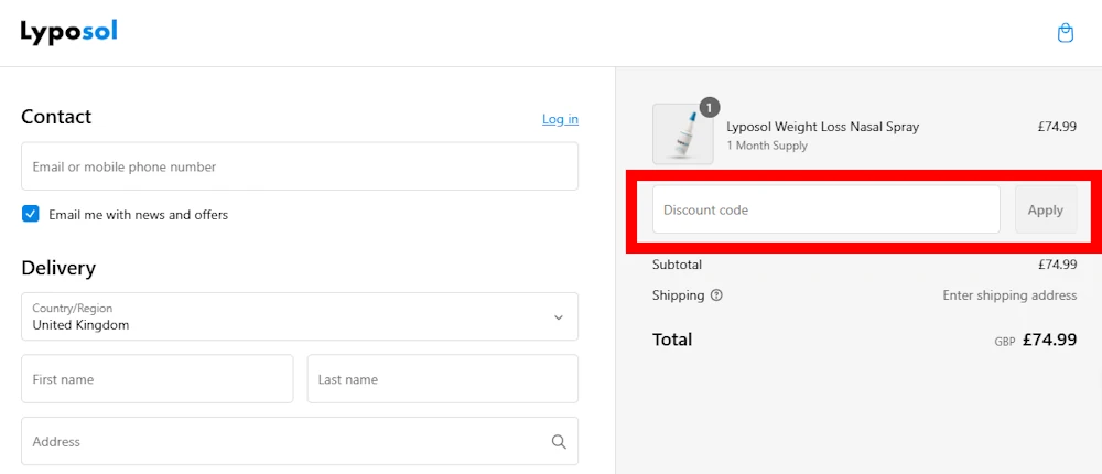Screenshot of where to enter a Lyposol discount code on lyposol.com.