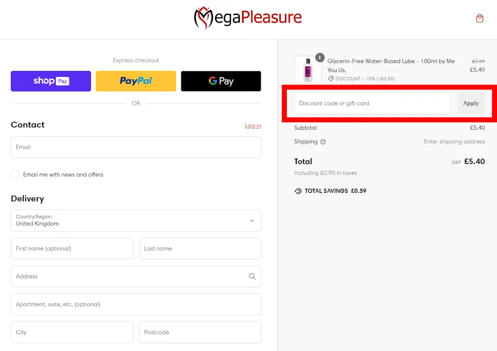 Screenshot of where to enter a mega pleasure voucher code on www.megapleasure.co.uk