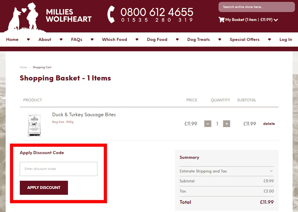 Screenshot of where to enter a Millies Wolfheart promo code on www.millieswolfheart.co.uk