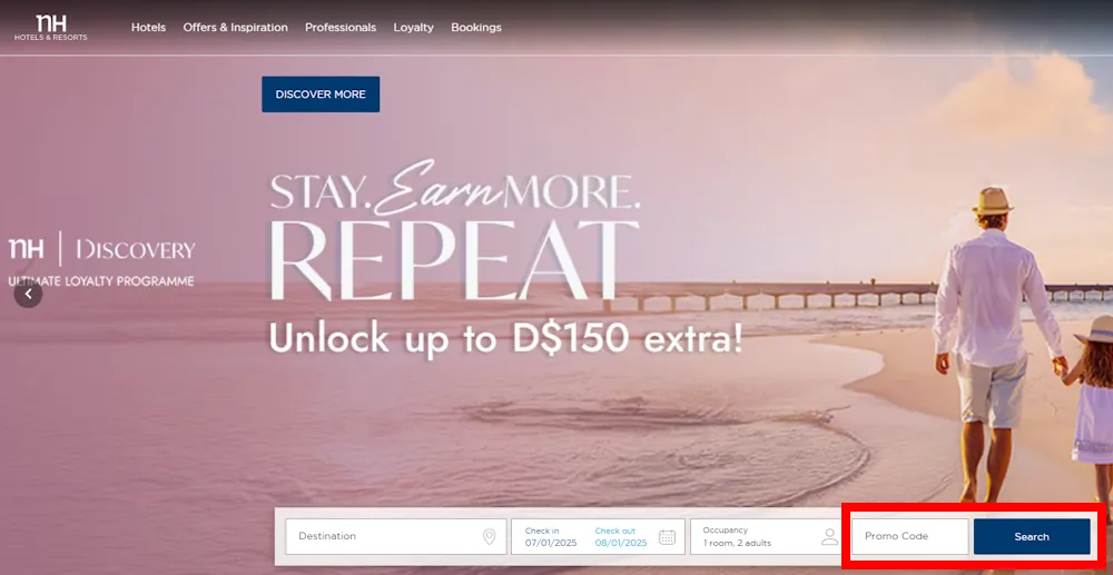 Screenshot showing where to apply a NH Hotel promo code during checkout on www.nh-hotels.com.