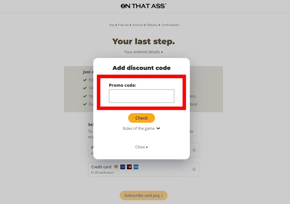 Screenshot showing where to apply a On That Ass promo code during checkout on onthatass.com.