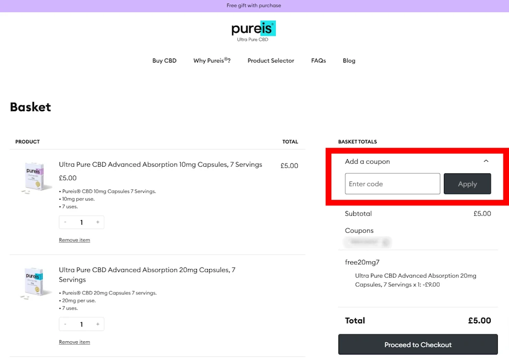 Screenshot showing where to apply a Pureis CBD promo code during checkout on pureiscbd.com.