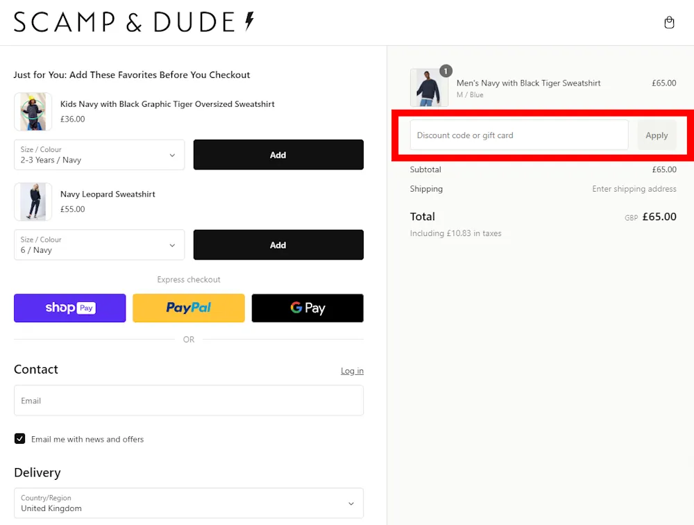 Screenshot of where to enter a Scamp & Dude code on scampanddude.com.