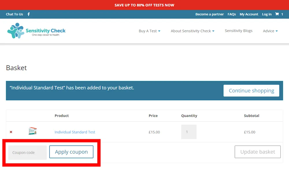 Instructions how to enter a discount code for Sensitivity Check at sensitivitycheck.com.
