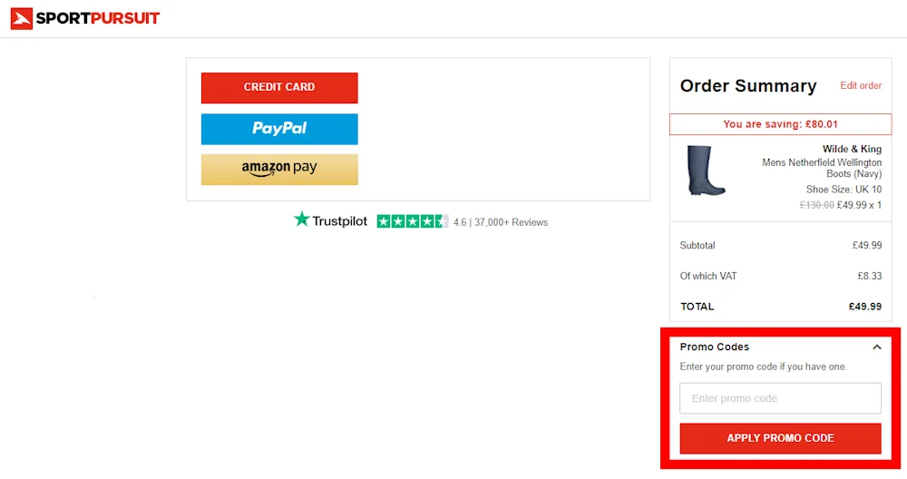 Screenshot showing where to apply a SportPursuit promo code during checkout on www.sportpursuit.com