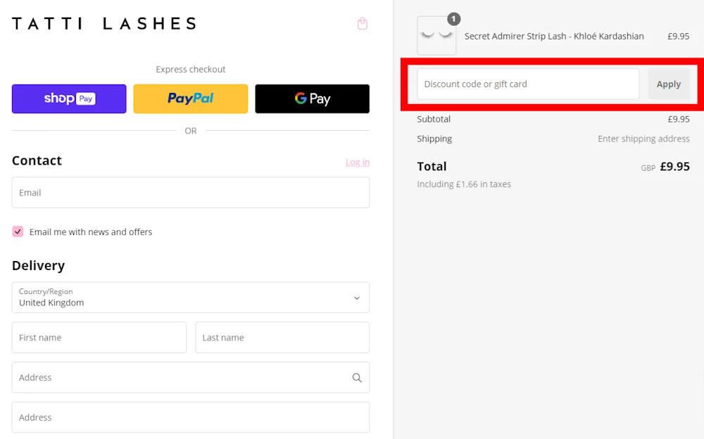 Screenshot showing where to apply a tatti lashes promo code during checkout on tattilashes.com.