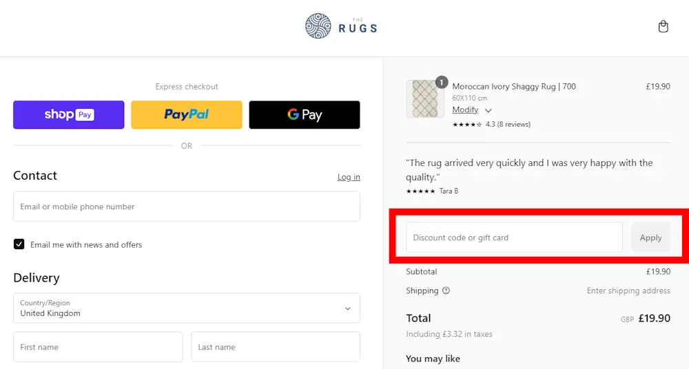 Screenshot of where to enter a The Rugs voucher code on the-rugs.com