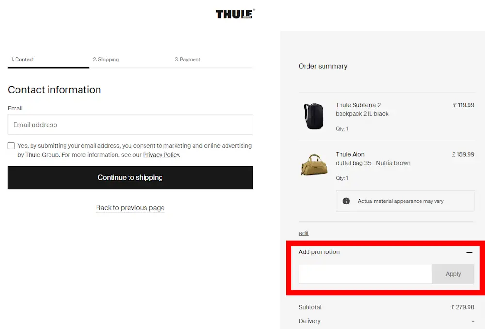 Screenshot of where to use a Thule promo code on www.thule.com