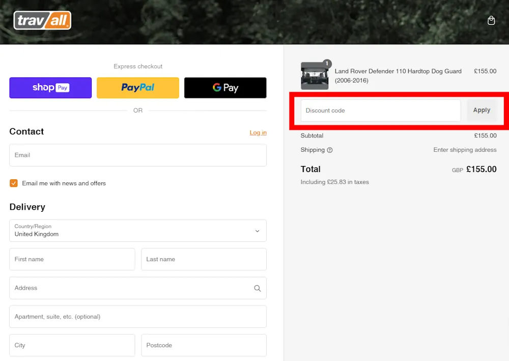Screenshot of how to enter our travall promo code at checkout at travall.co.uk.