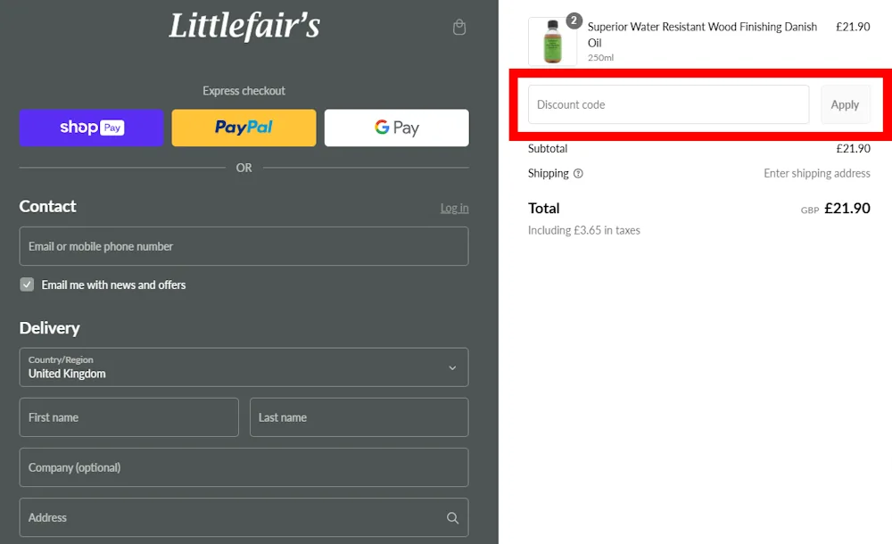 Screenshot showing where to apply a Littlefair's promo code during checkout on www.littlefairs.shop
