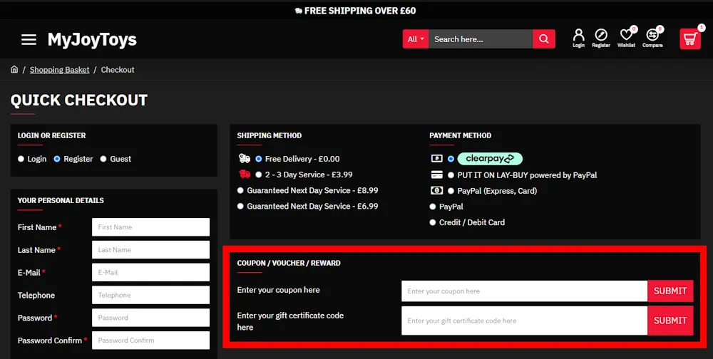 Screenshot showing where to apply a MyJoyToys promo code during checkout on www.myjoytoys.co.uk.