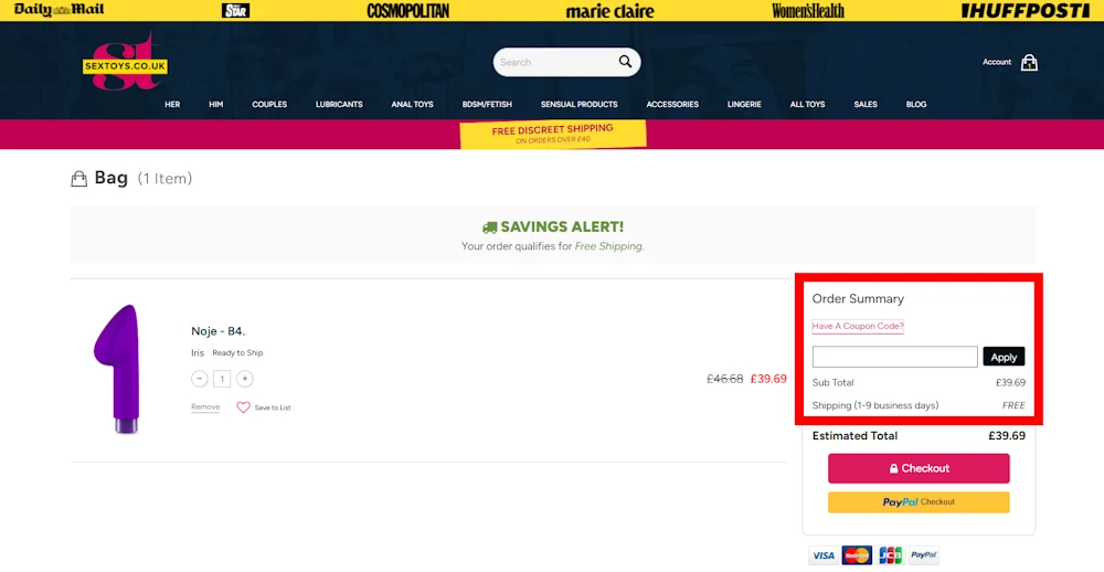 Screenshot showing where to apply a Sex Toys promo code during checkout on www.sextoys.co.uk.