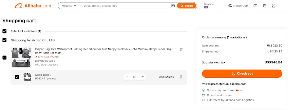 Screenshot showing where to apply a Alibaba promo code during checkout on www.alibaba.com.