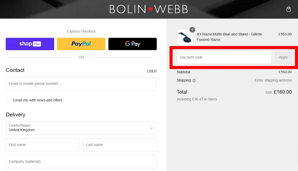 Screenshot showing where to apply a Bolin Webb promo code during checkout on www.bolinwebb.com.