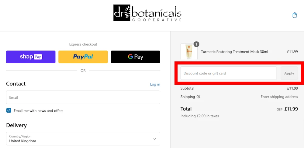Screenshot showing where to apply a Dr Botanicals promo code during checkout on www.drbotanicals.com.