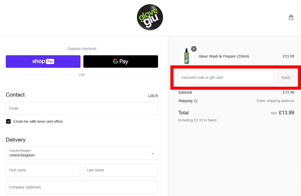Screenshots on how to enter a gloveglu discount code on gloveglu.com.
