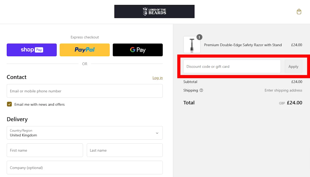 Screenshot of how to use a Lord Of The Beards discount code on lordofthebeards.com.