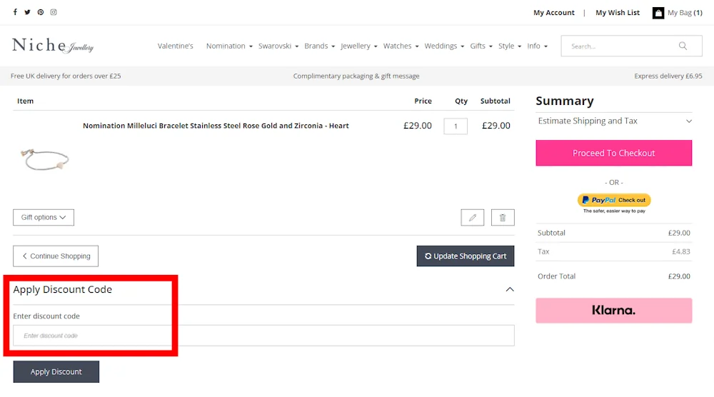 Screenshot showing where to apply a Niche Jewellery promo code at checkout on www.nichejewellery.co.uk.