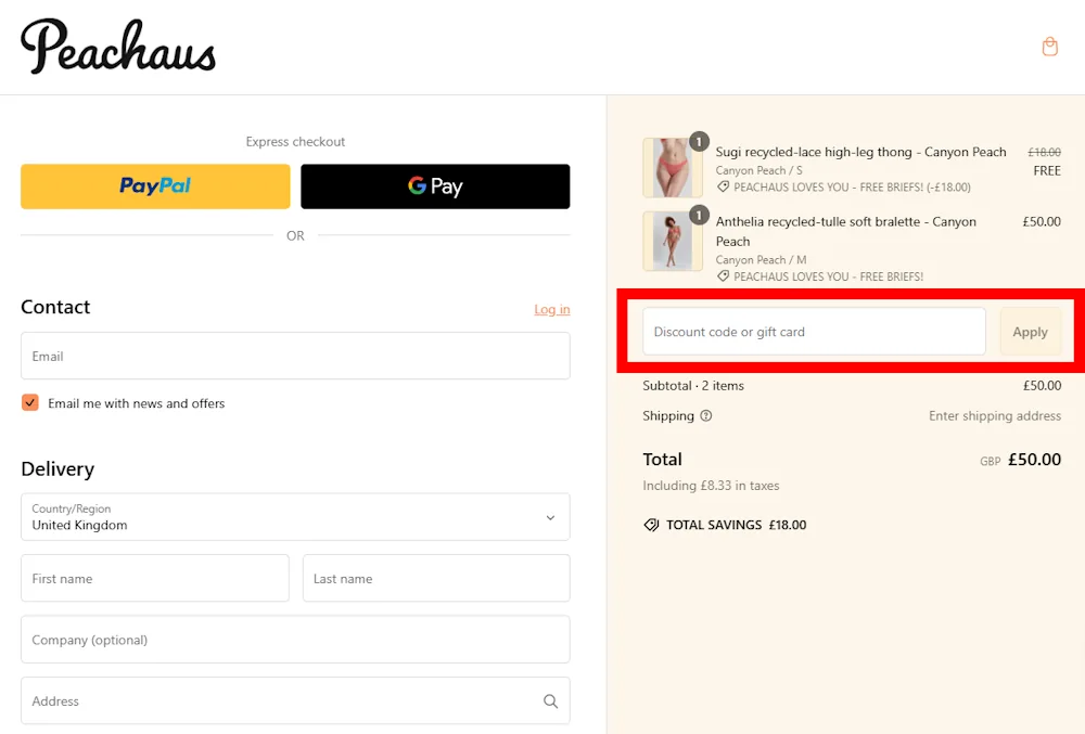 Screenshot showing where to apply a Peachaus promo code during checkout on www.peachaus.com.