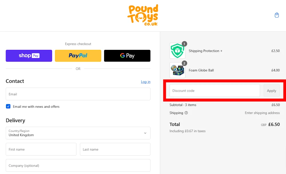 Screenshot showing where to apply a PoundToys promo code during checkout on www.poundtoys.co.uk.