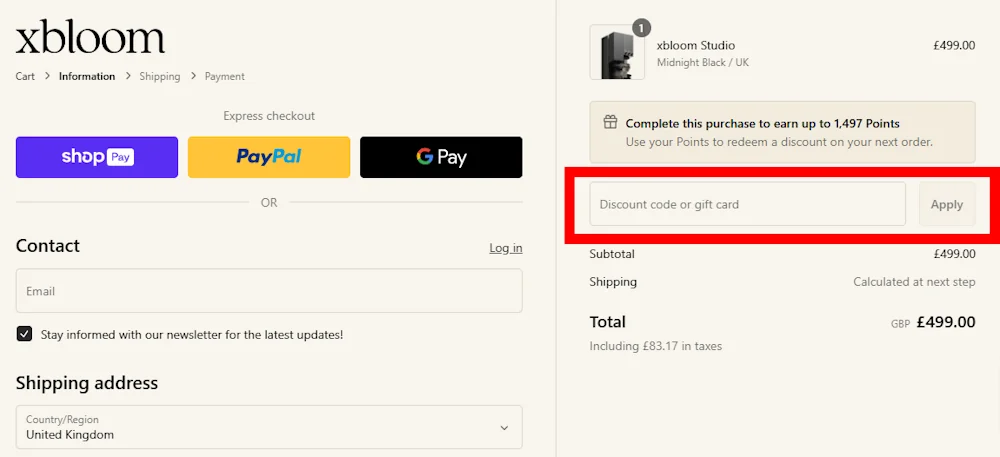 Screenshot showing where to apply a xBloom code on xbloom.com.
