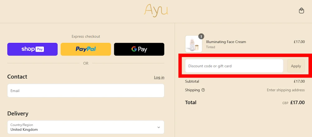 Screenshot showing where to apply a AYU Cosmetics code at checkout on ayucosmetics.com