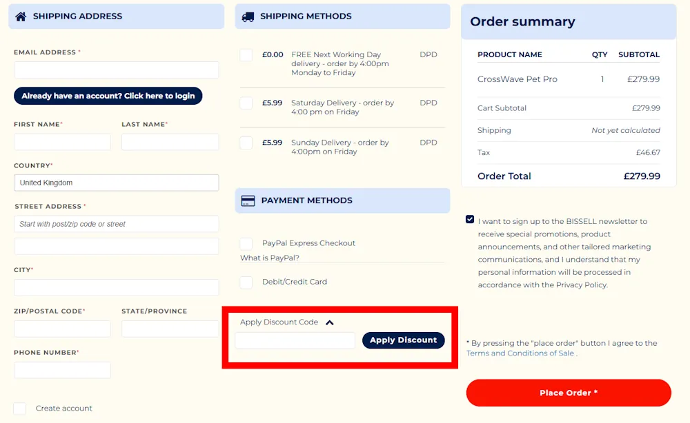Instructions how to enter a discount code for BISSELL on bissell.co.uk.