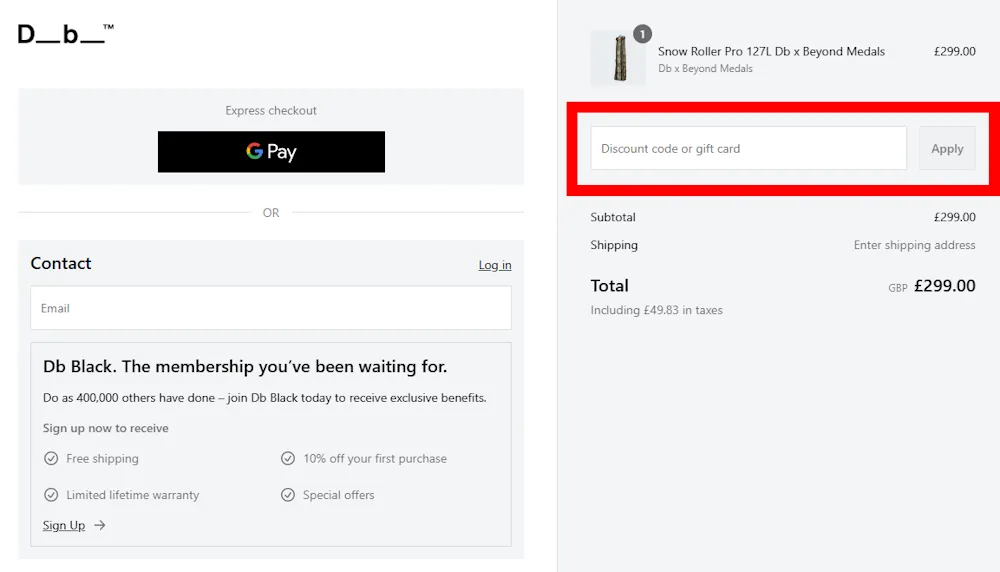 Screenshot showing where to apply a Db Journey promo code during checkout on uk.dbjourney.com