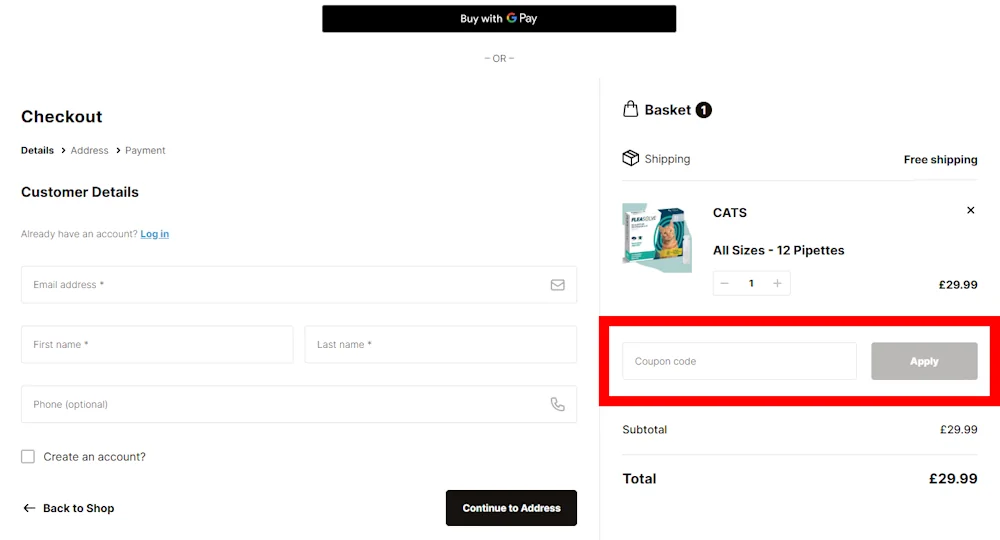 Screenshot showing where to apply a FleaSolve promo code during checkout on fleasolve.com
