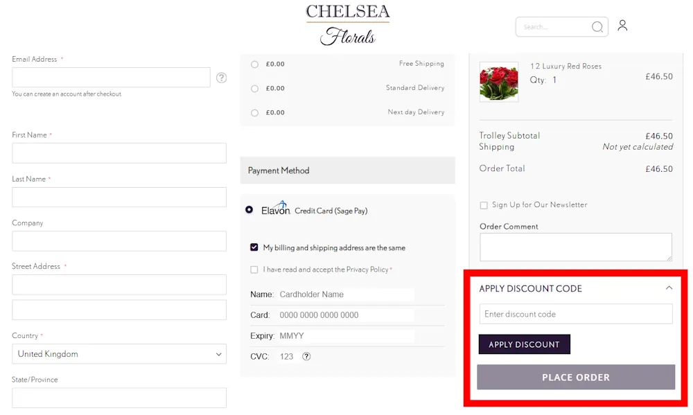 Screenshot showing where to apply a Chelsea Florals promo code at checkout on www.chelseaflorals.co.uk.