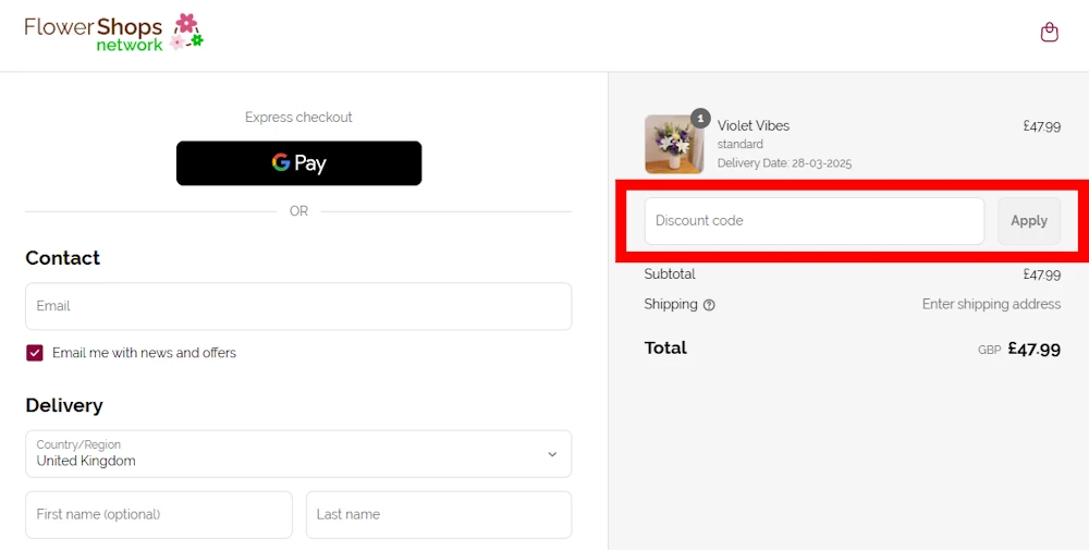 Screenshot of how to enter a Flower Shops Network discount code on flowershopsnetwork.co.uk