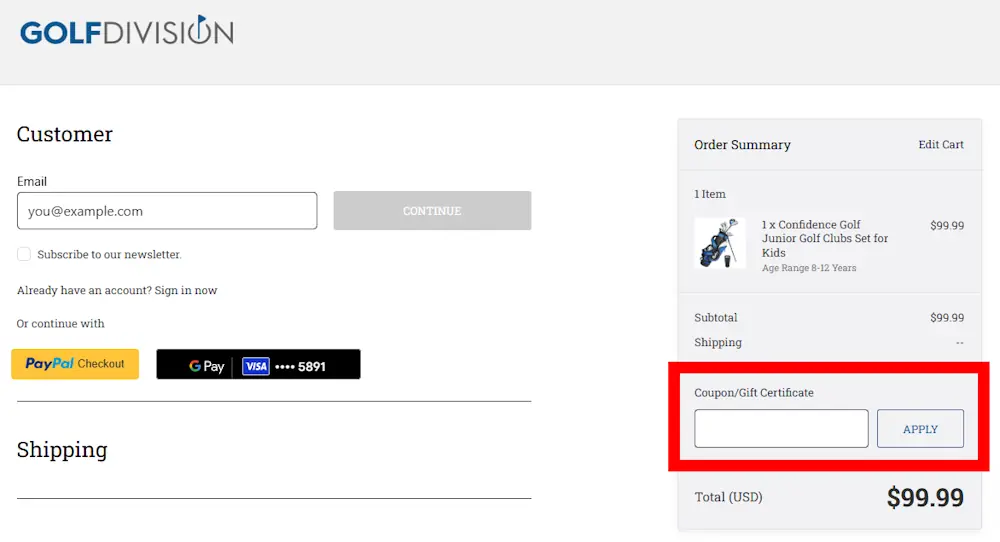 Instructions how to enter a verified discount code for Golf Division on golfdivision.com