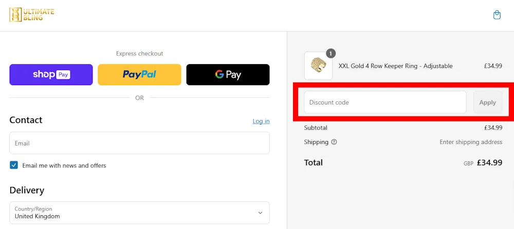 Screenshot of where to enter a Ultimate Bling discount code on ultimatebling.co.uk