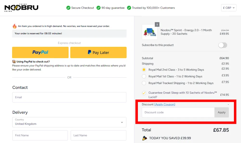 Instructions how to enter a discount code for noobru on noobru.com.