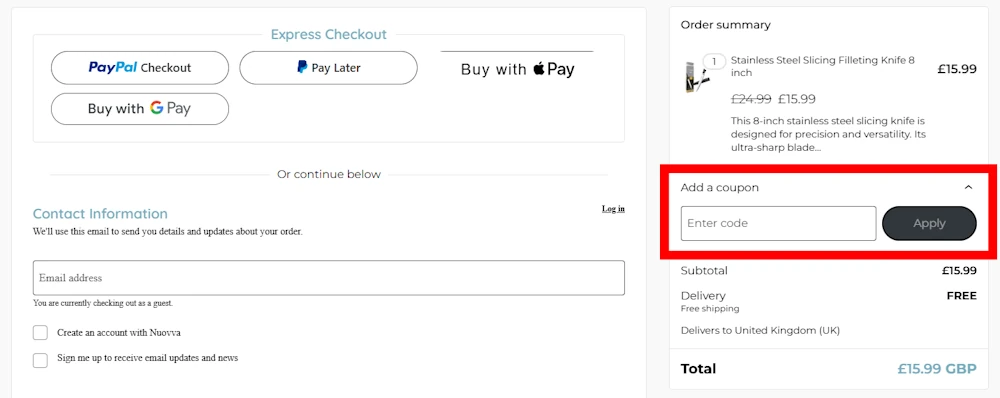 Screenshot of where to enter a Nuovva discount code on www.nuovva.co.uk