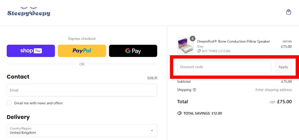 Screenshot showing where to apply a SleepyDeepy promo code during checkout on sleepydeepy.com.