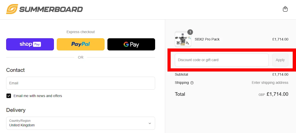 Screenshot showing where to apply a summerboard promo code during checkout on summerboard.com.