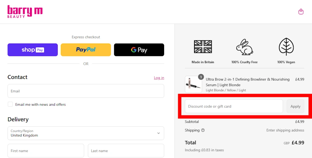 Image of where to enter a discount code for Barry M Cosmetics on barrym.com