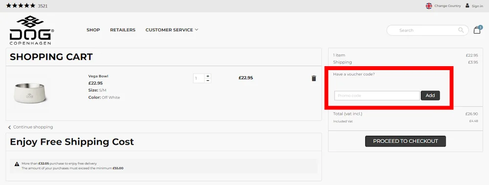 Screenshot where to put a DOG Copenhagen discount code on dogcopenhagen.co.uk