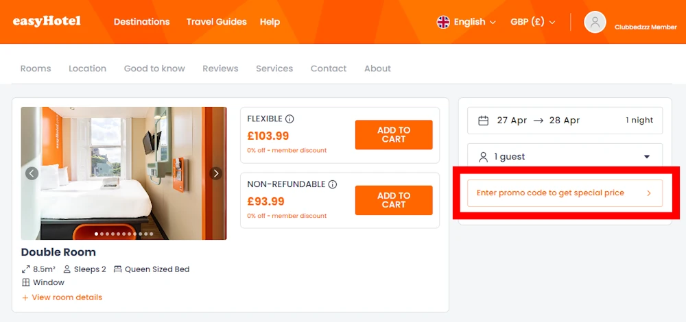 Screenshot showing where to apply a easyhotel promo code during checkout on www.easyhotel.com.