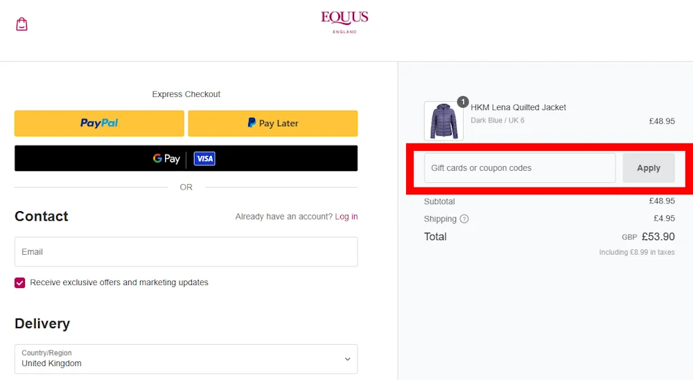 Screenshot where to apply a equus discount code on www.equus.co.uk.