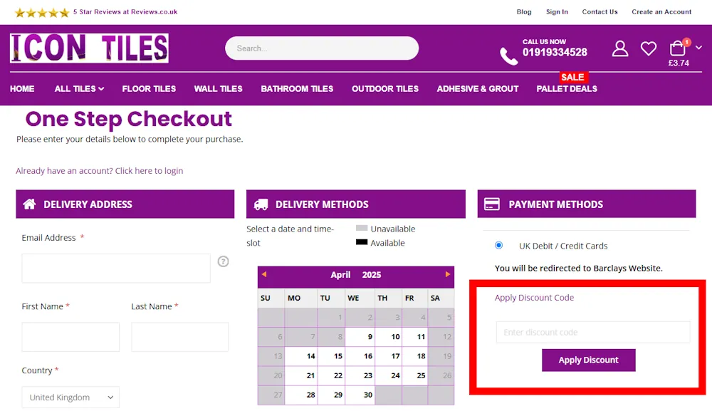 Screenshot of where to enter a Icon Tiles discount code on icontiles.co.uk