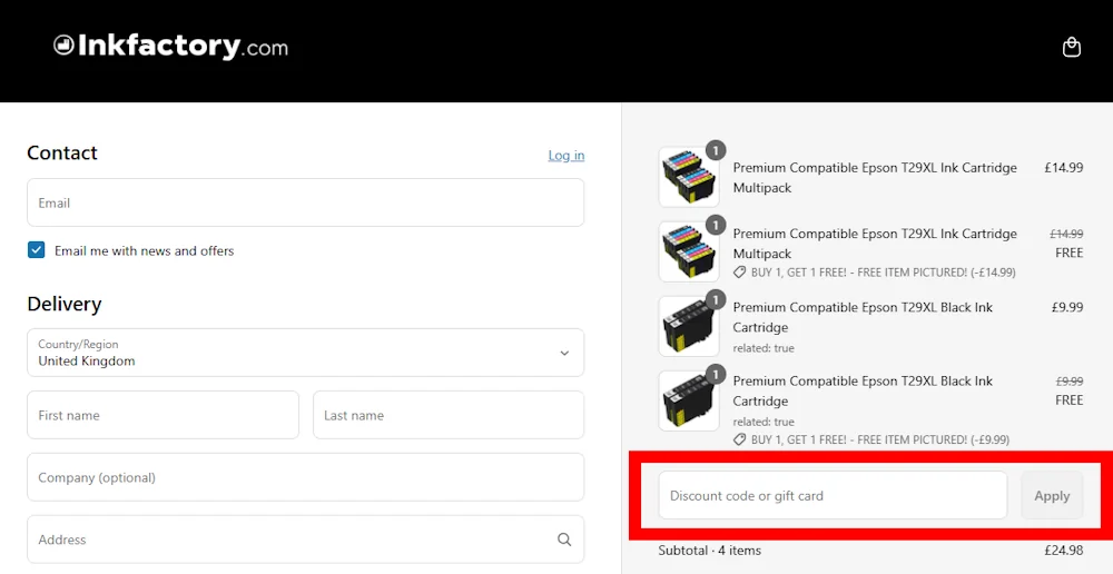 Screenshot of where to enter a Ink Factory discount code on www.inkfactory.com