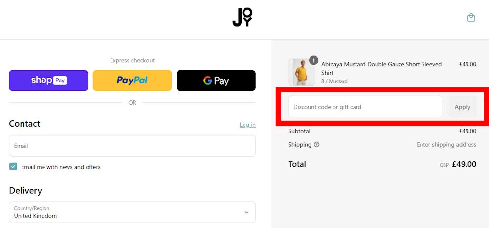 Screenshot showing where to apply a joy promo code during checkout on www.joythestore.com.
